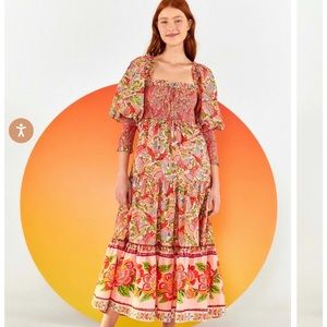 Farm Rio Pink Macaw Flight Smocked Top Midi Dress